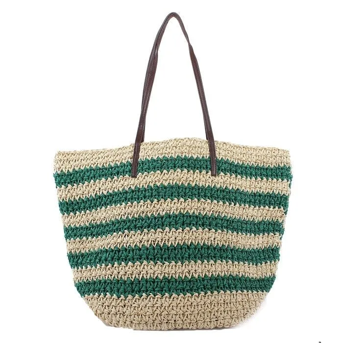 2469 Striped Straw Shoulder Tote/Beach Bag