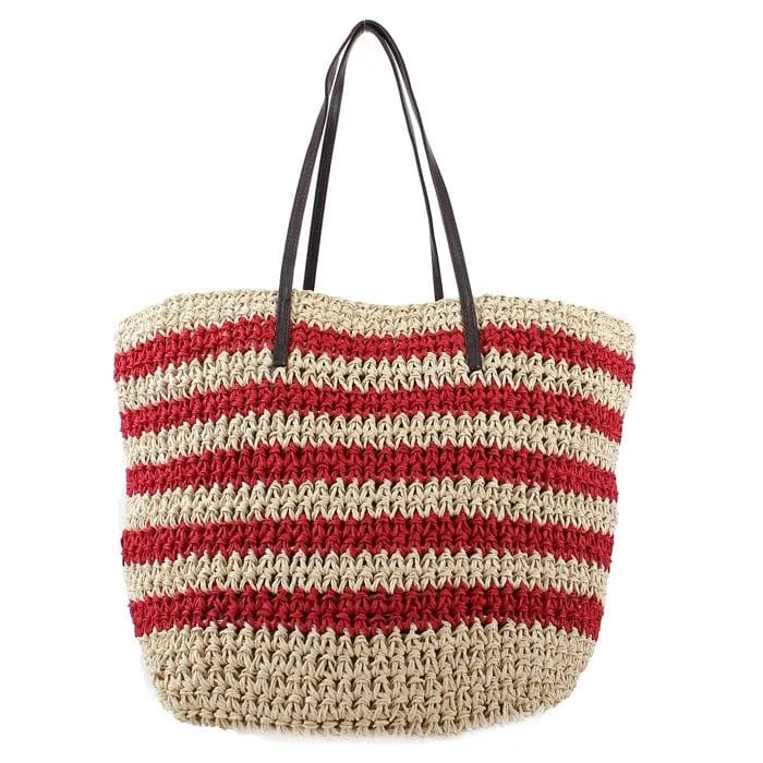 2469 Striped Straw Shoulder Tote/Beach Bag