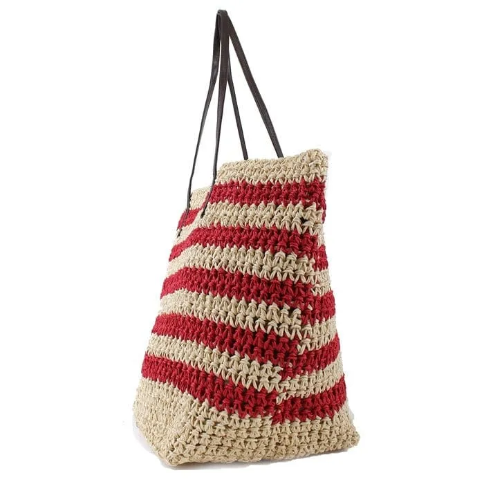 2469 Striped Straw Shoulder Tote/Beach Bag