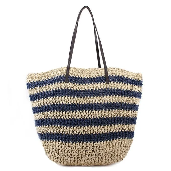 2469 Striped Straw Shoulder Tote/Beach Bag