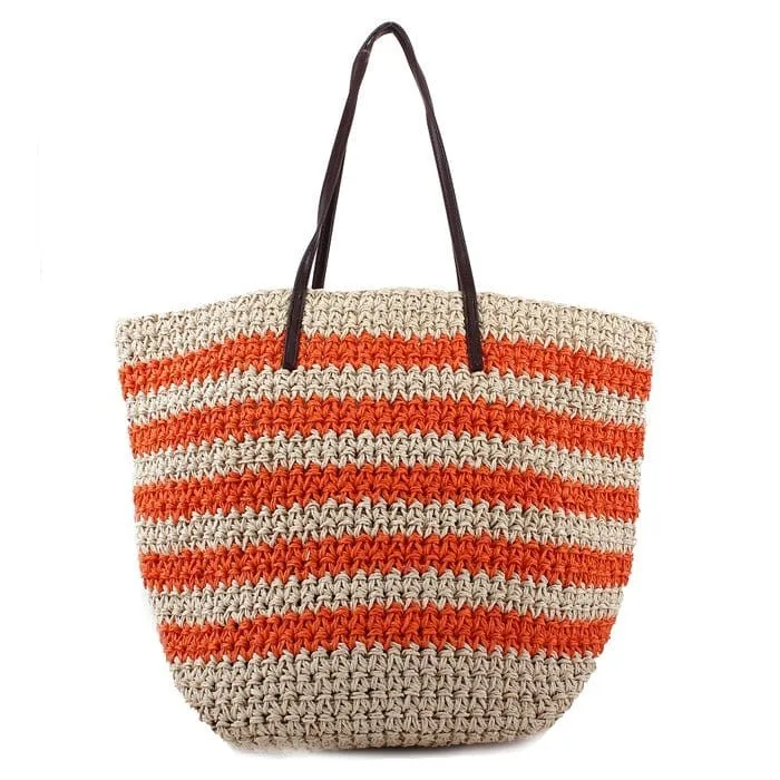 2469 Striped Straw Shoulder Tote/Beach Bag