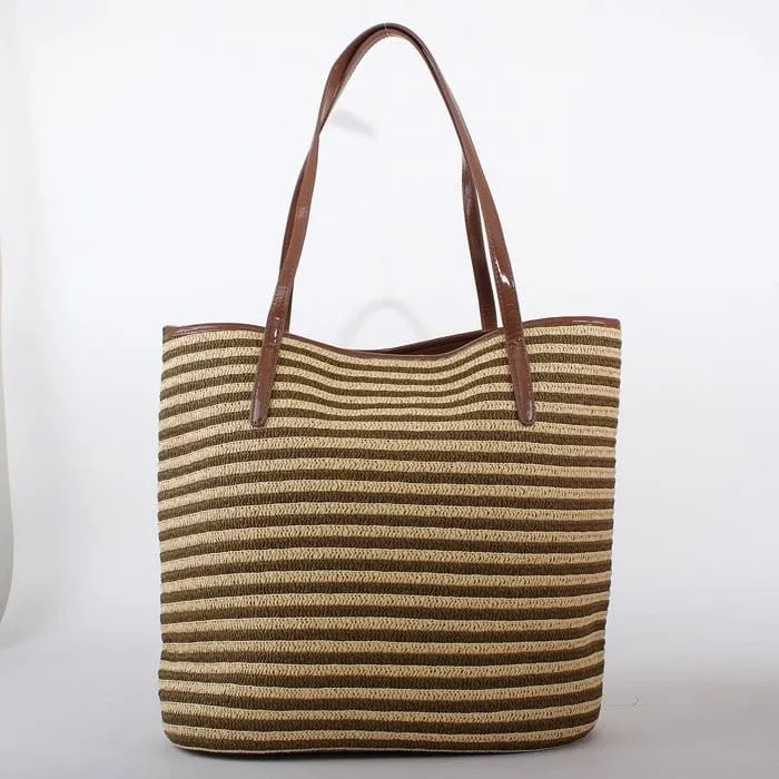 2486 Straw Striped Leather Handle Tote/Beach Bag