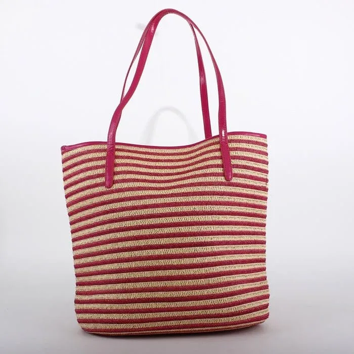 2486 Straw Striped Leather Handle Tote/Beach Bag