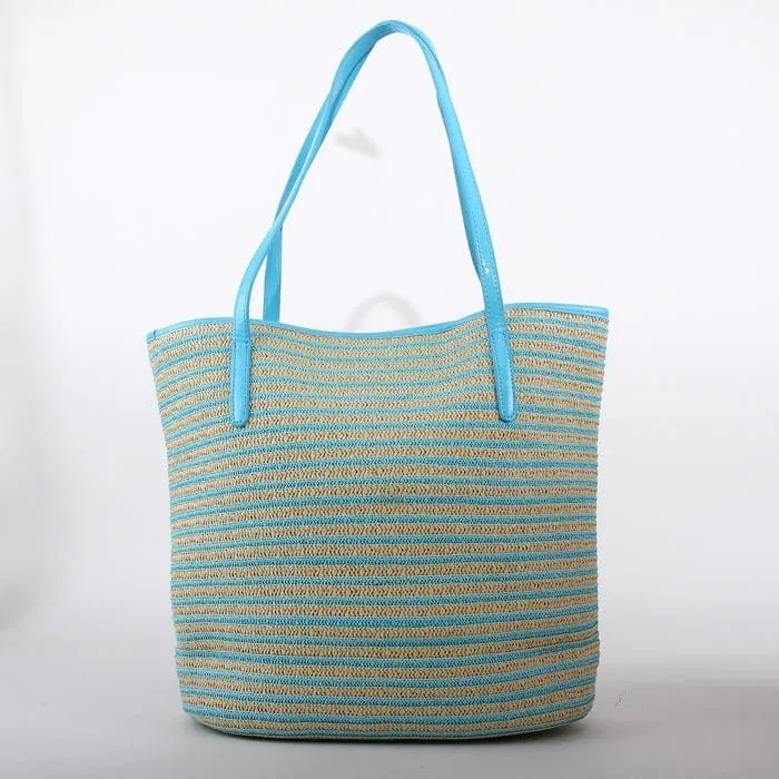 2486 Straw Striped Leather Handle Tote/Beach Bag