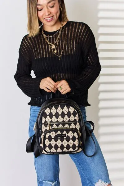 Argyle Pattern PU Leather Backpack