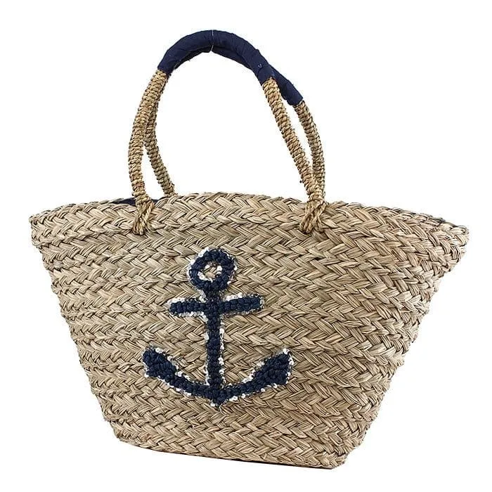 B803 Anchor Applique Natural Straw Tote/Beach Bag