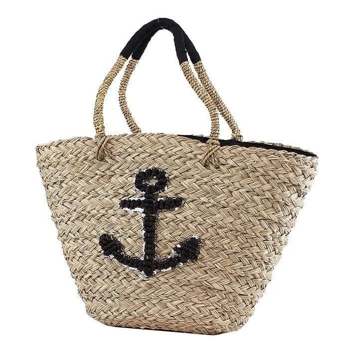 B803 Anchor Applique Natural Straw Tote/Beach Bag