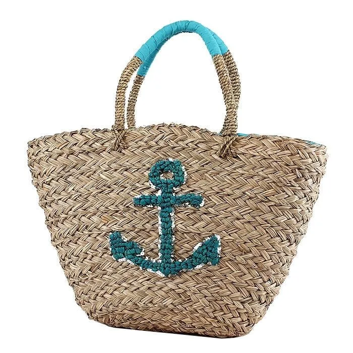 B803 Anchor Applique Natural Straw Tote/Beach Bag