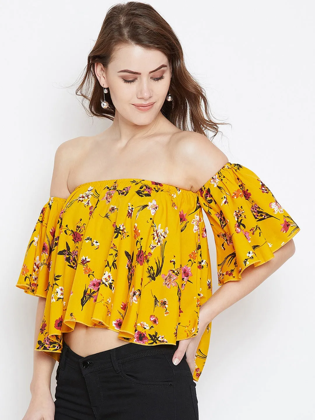 Berrylush Women Yellow & Red Floral Printed Off-shoulder Neck Crepe Ruffled Crop Bardot Top