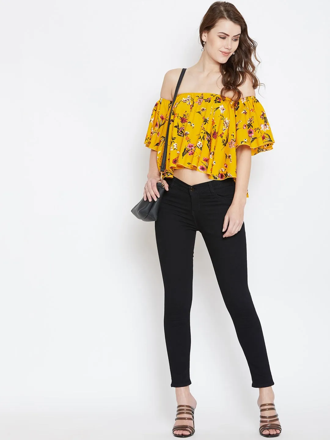 Berrylush Women Yellow & Red Floral Printed Off-shoulder Neck Crepe Ruffled Crop Bardot Top