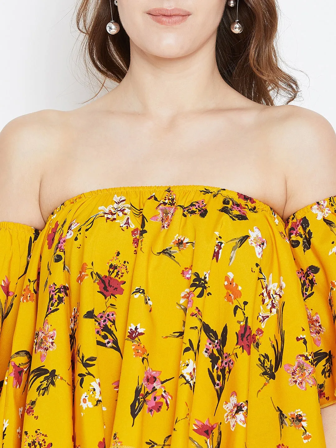 Berrylush Women Yellow & Red Floral Printed Off-shoulder Neck Crepe Ruffled Crop Bardot Top