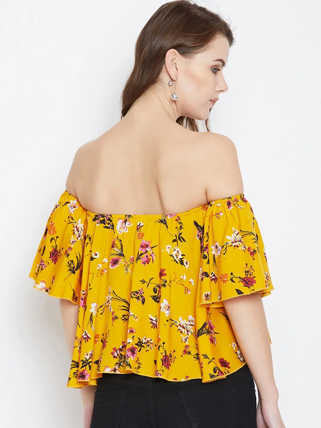 Berrylush Women Yellow & Red Floral Printed Off-shoulder Neck Crepe Ruffled Crop Bardot Top