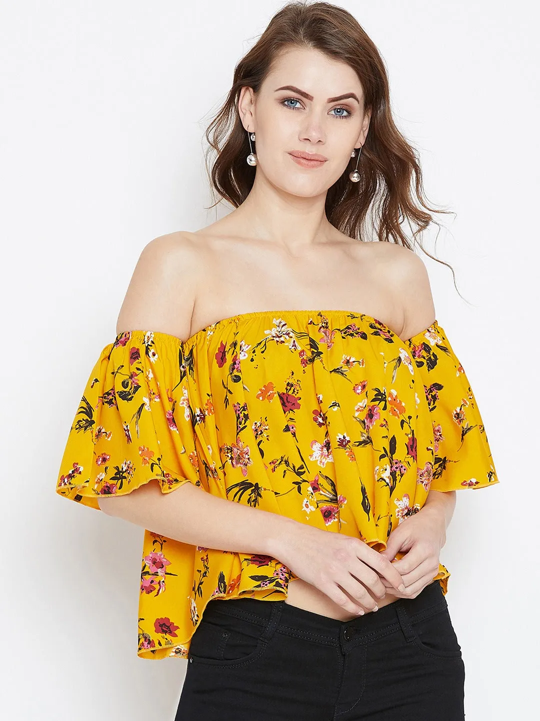 Berrylush Women Yellow & Red Floral Printed Off-shoulder Neck Crepe Ruffled Crop Bardot Top