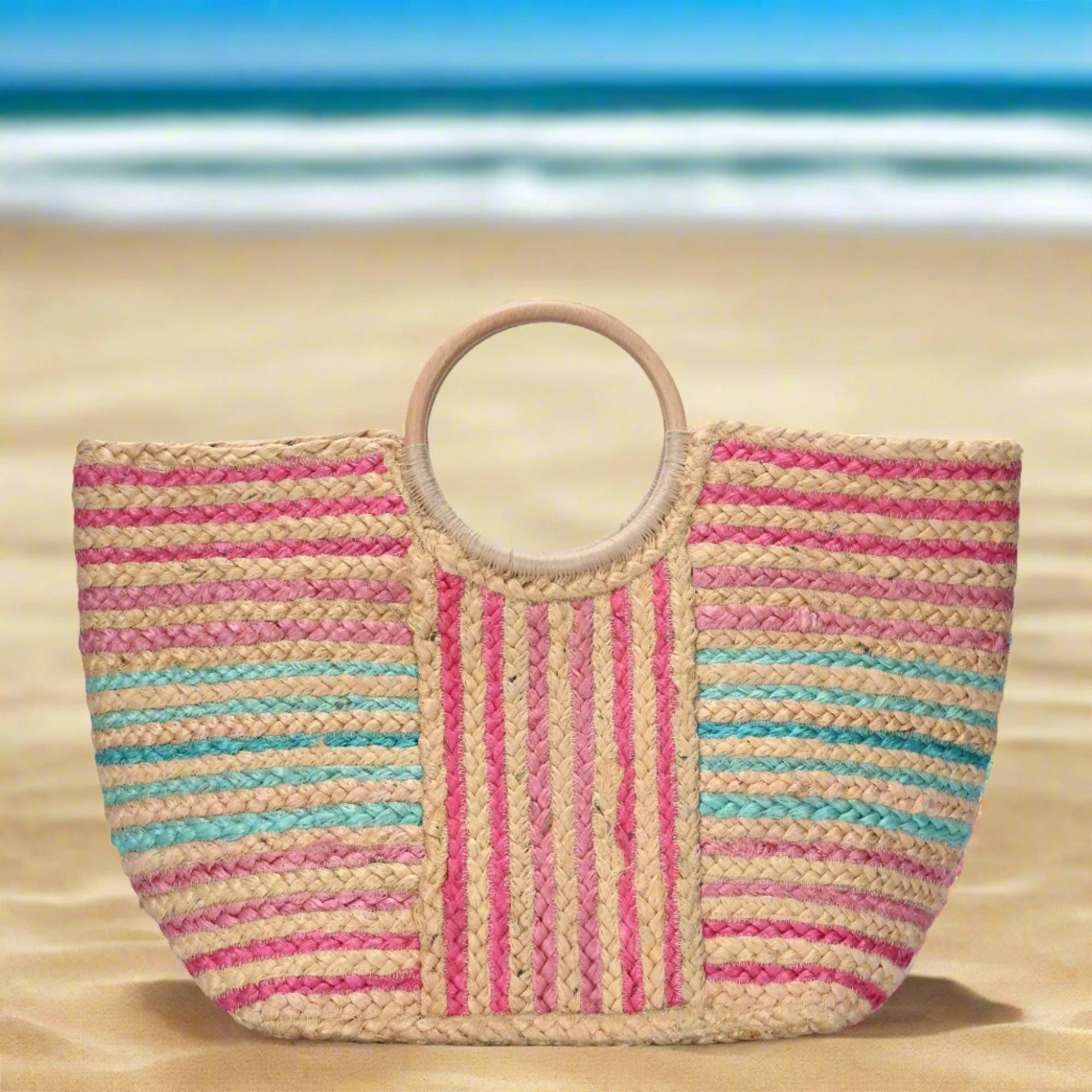 BGAIN199 Stiped Straw Beach Tote With Wood Handles