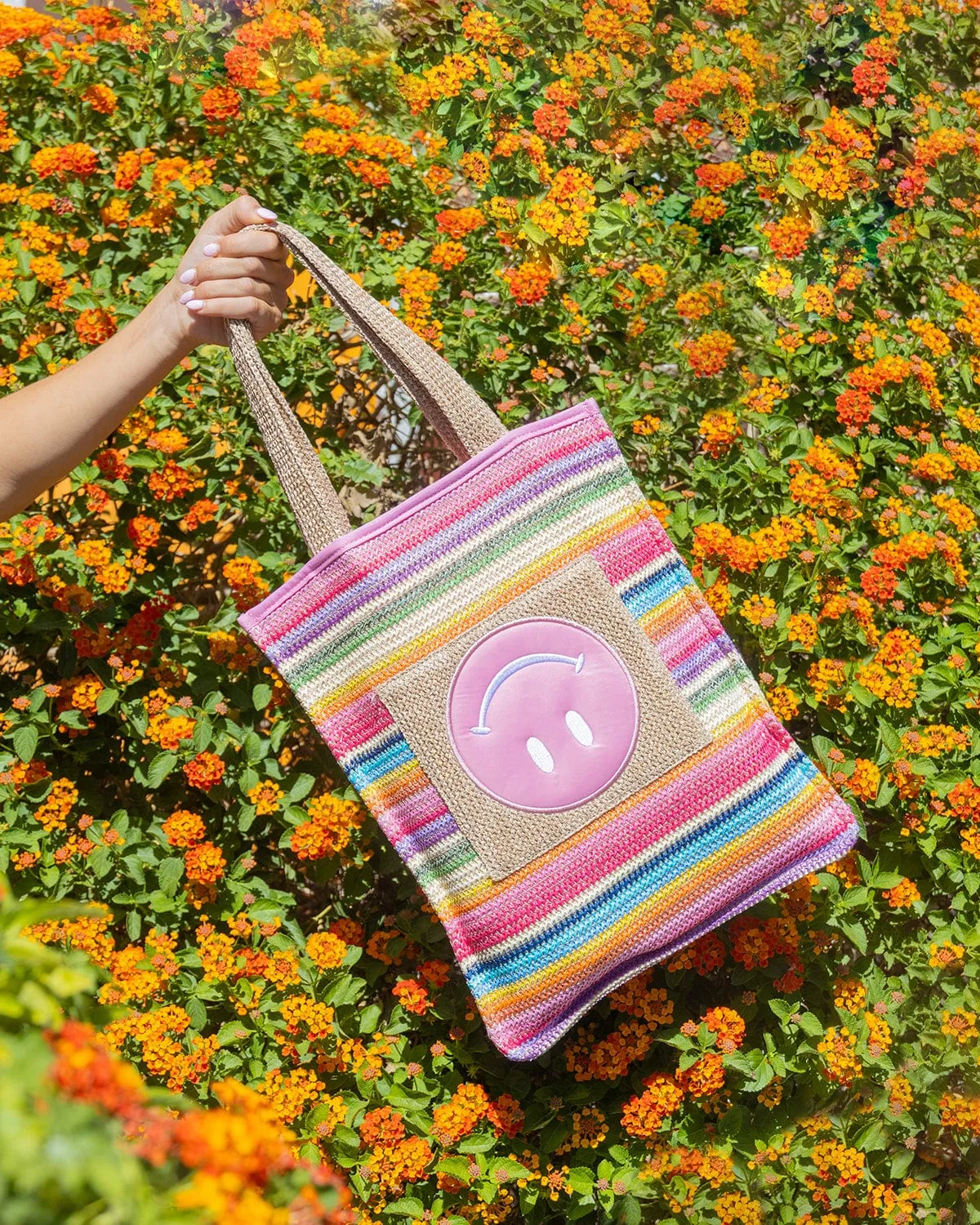 Bring On The Fun Smiley Woven Rainbow Tote