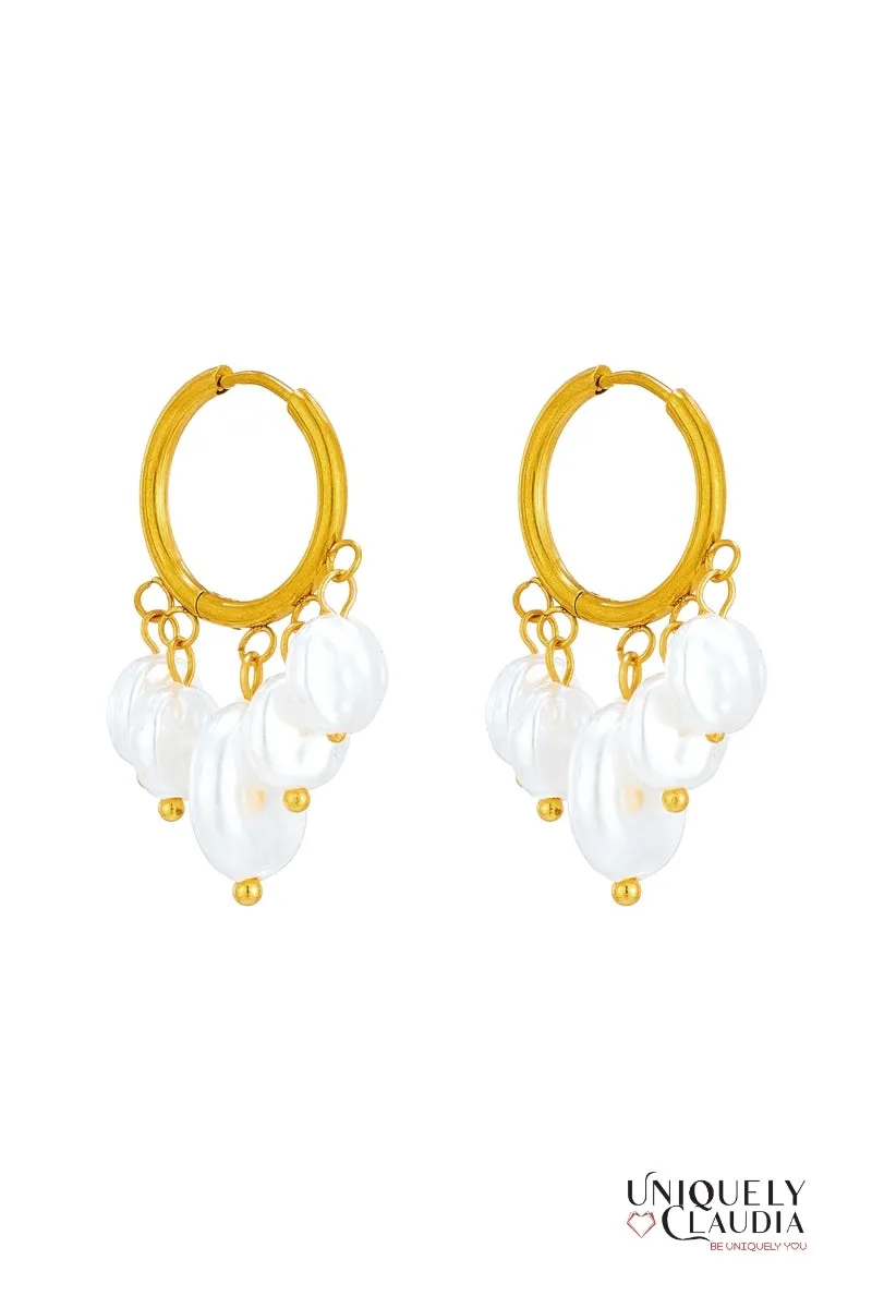 Cascading Pearls Stainless Steel Hoop Earrings