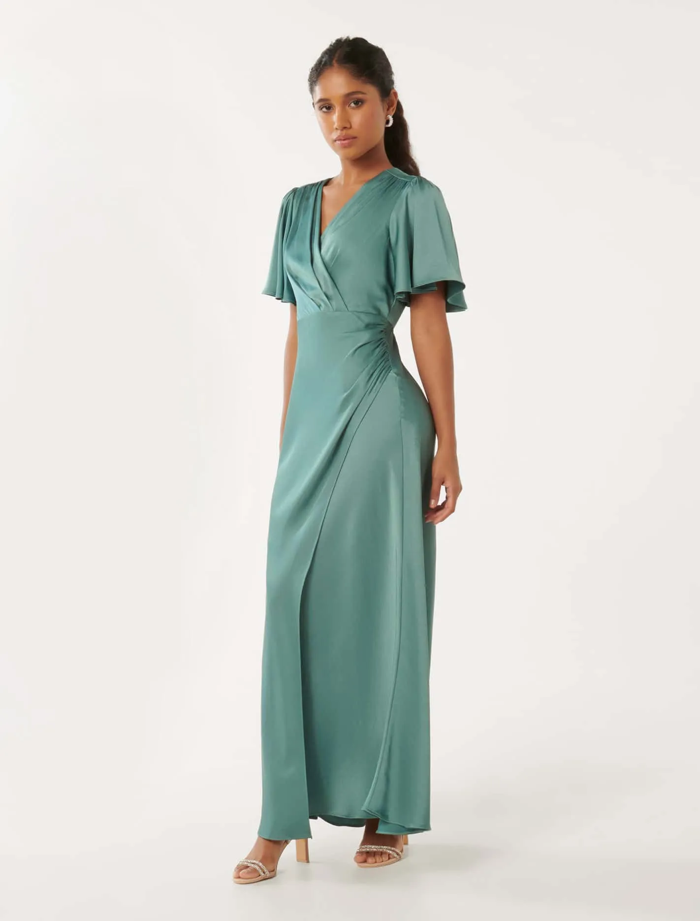 Chelsea Petite Flutter Sleeve Satin Maxi Dress