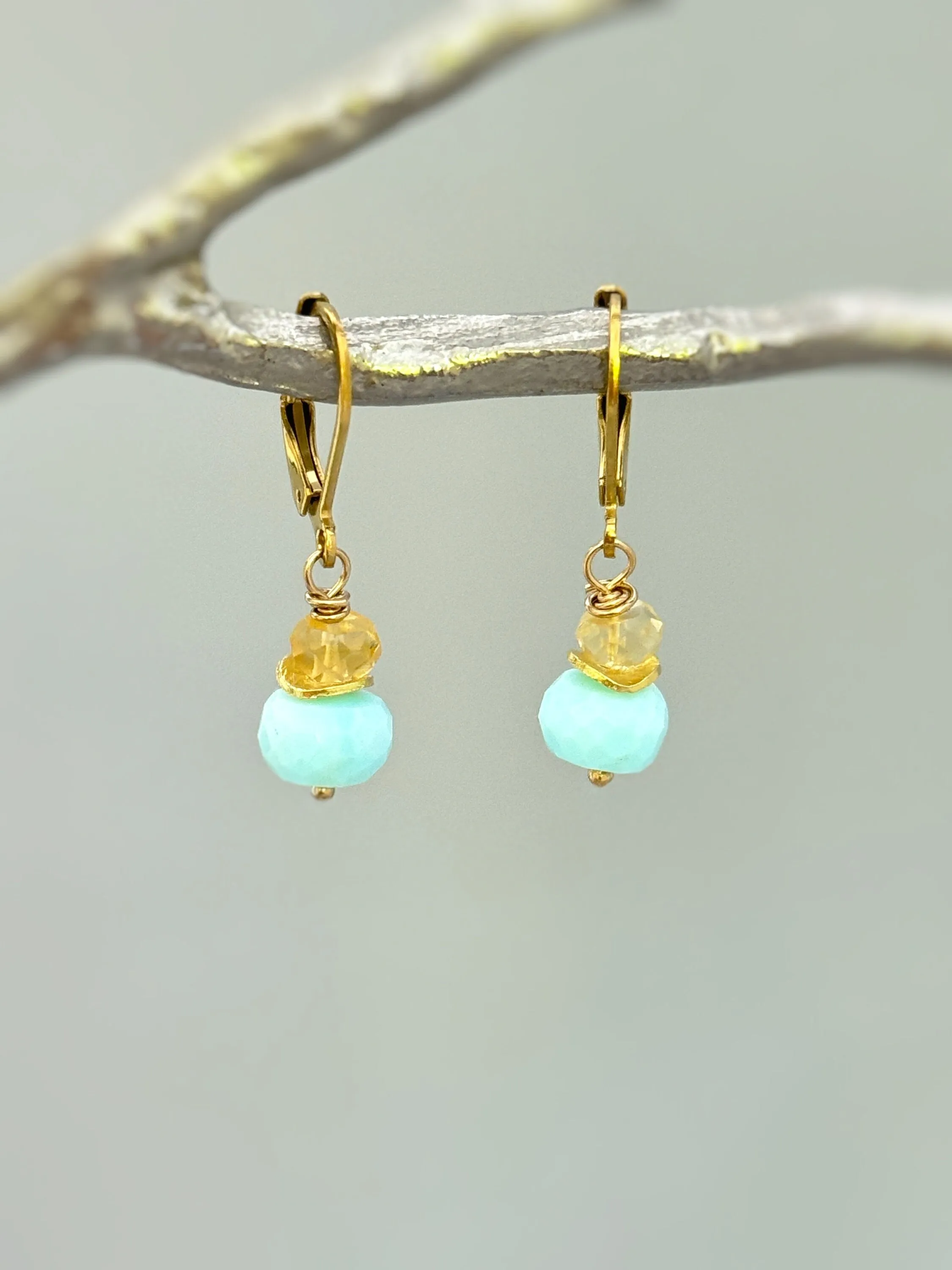 Citrine and Aqua Blue Opal Earrings dangle gold Sterling Silver