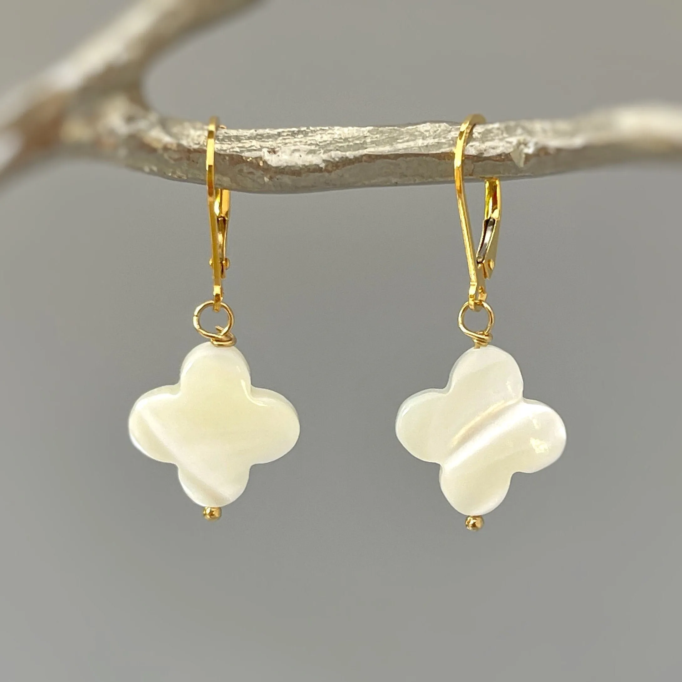 Clover Earrings Gold dangle drop Mother of Pearl Silver beachy summer jewelry