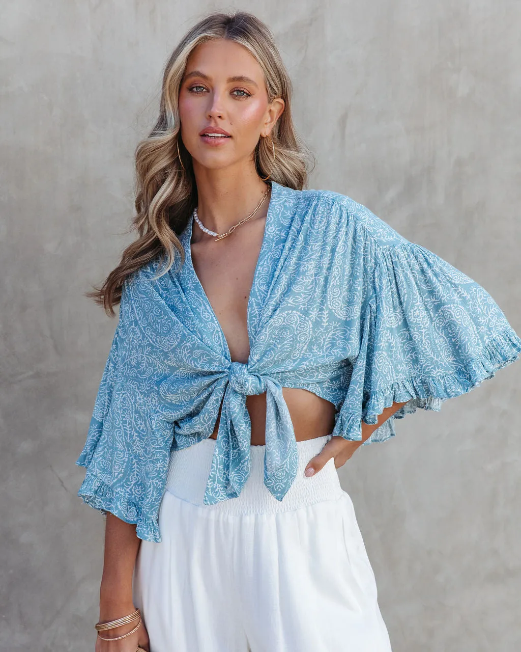 Coastal Waves Printed Front Tie Top