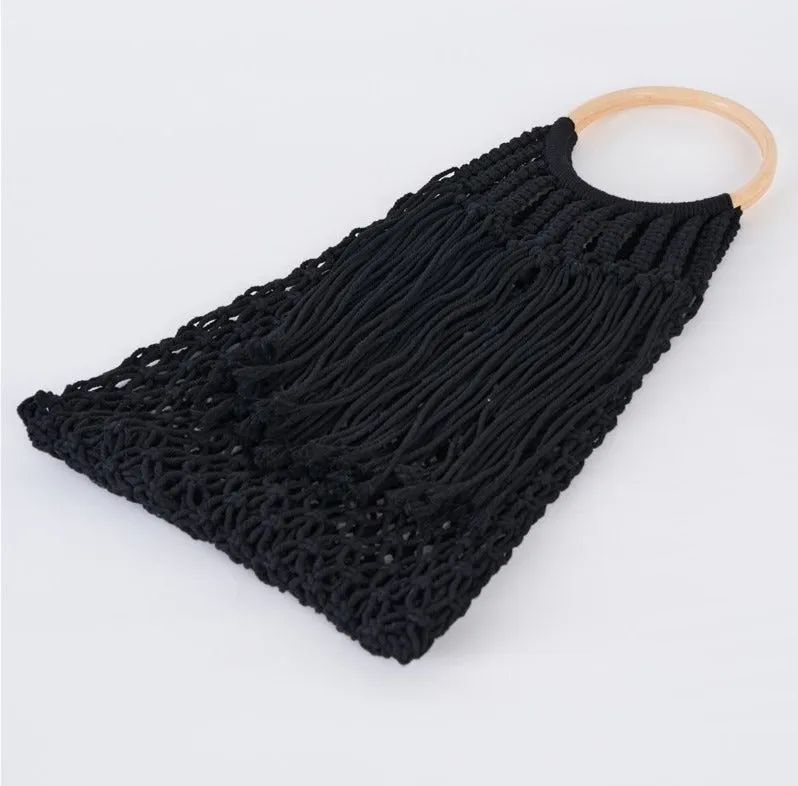 Crochet Fringe Wooden Handle Tote Bag (Black or Ivory)