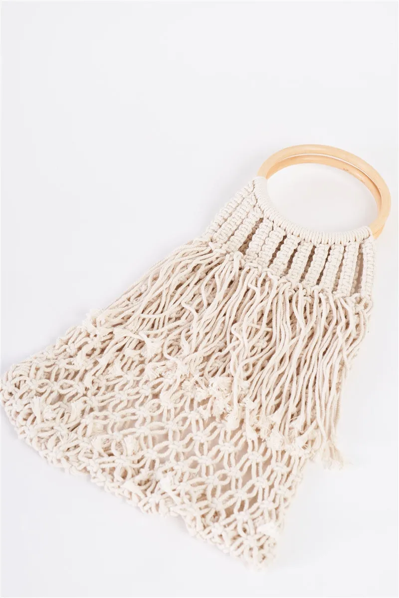 Crochet Fringe Wooden Handle Tote Bag (Black or Ivory)