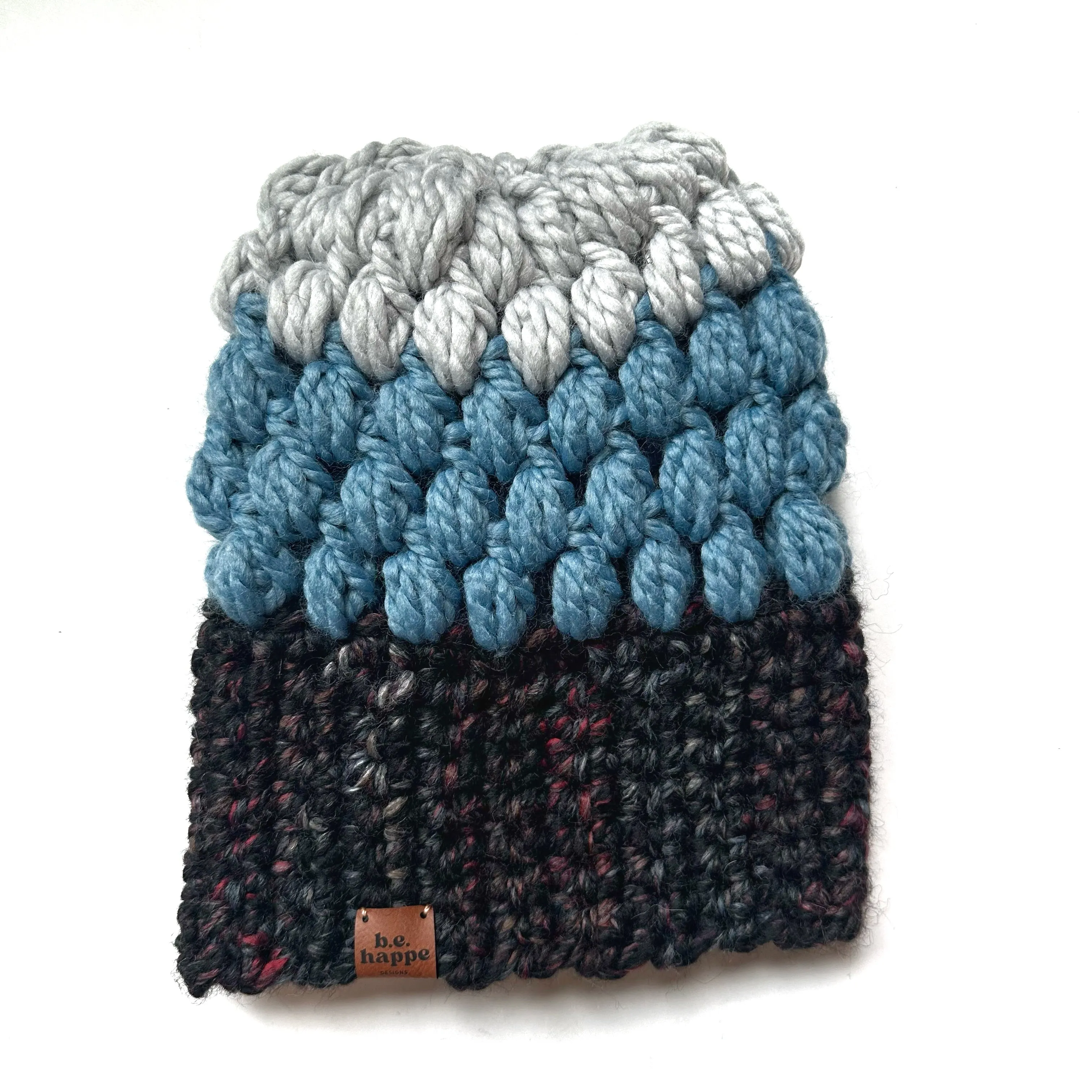 Crochet Puff Stitch Slouch Hat | Black Speckle   Blue   Gray