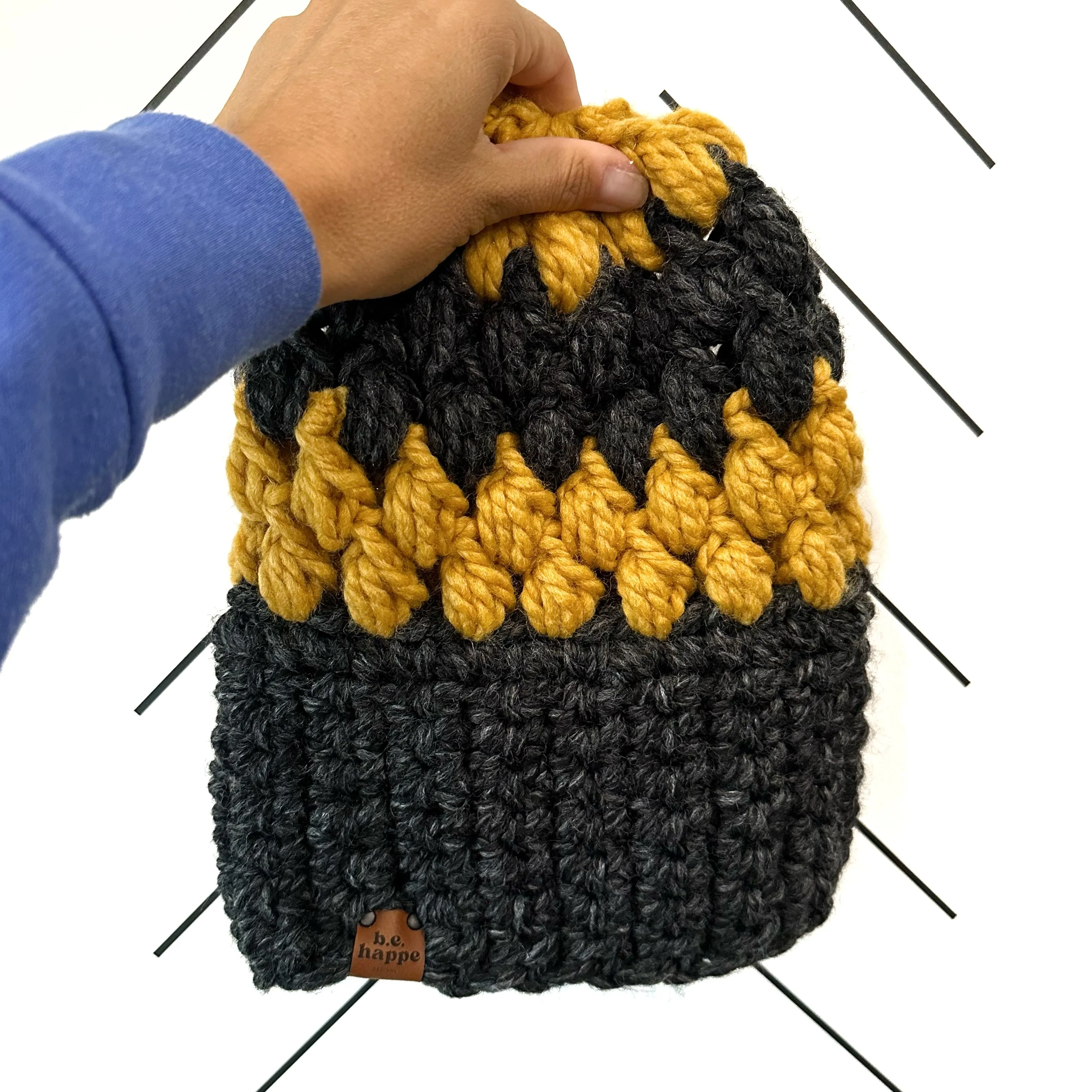 Crochet Puff Stitch Slouch Hat | Charcoal Gray   Mustard