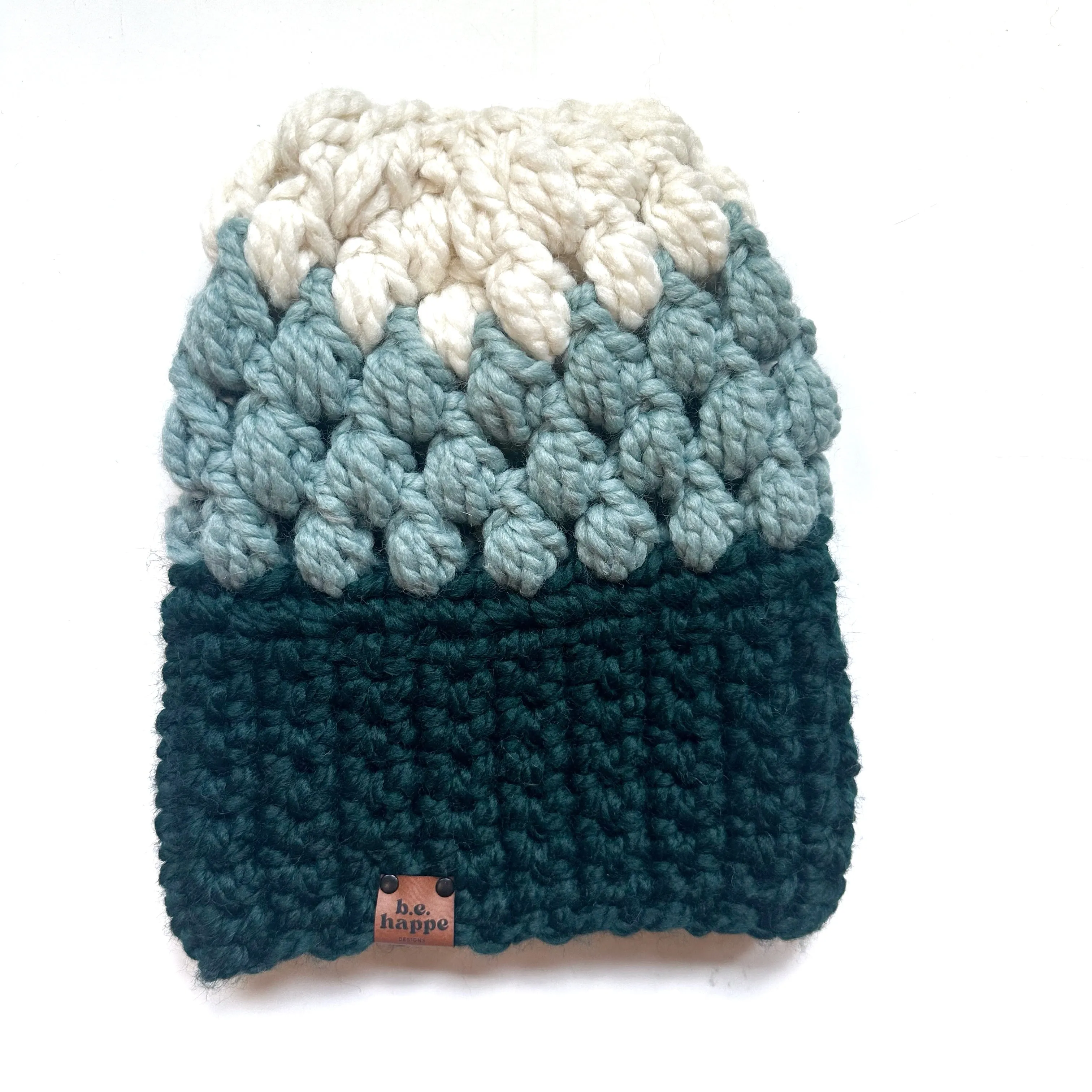 Crochet Puff Stitch Slouch Hat | Green   Blue   Cream