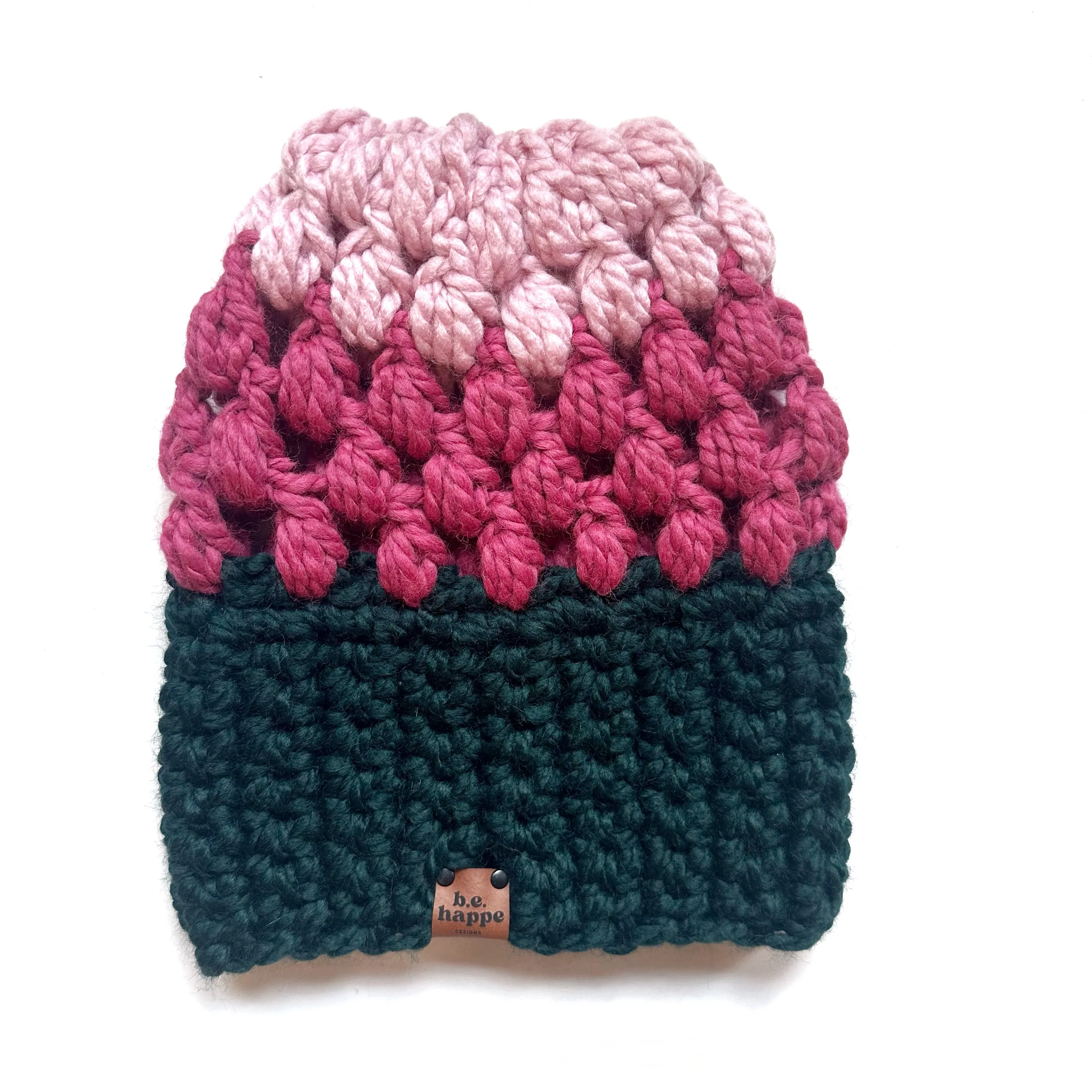 Crochet Puff Stitch Slouch Hat | Green   Pink