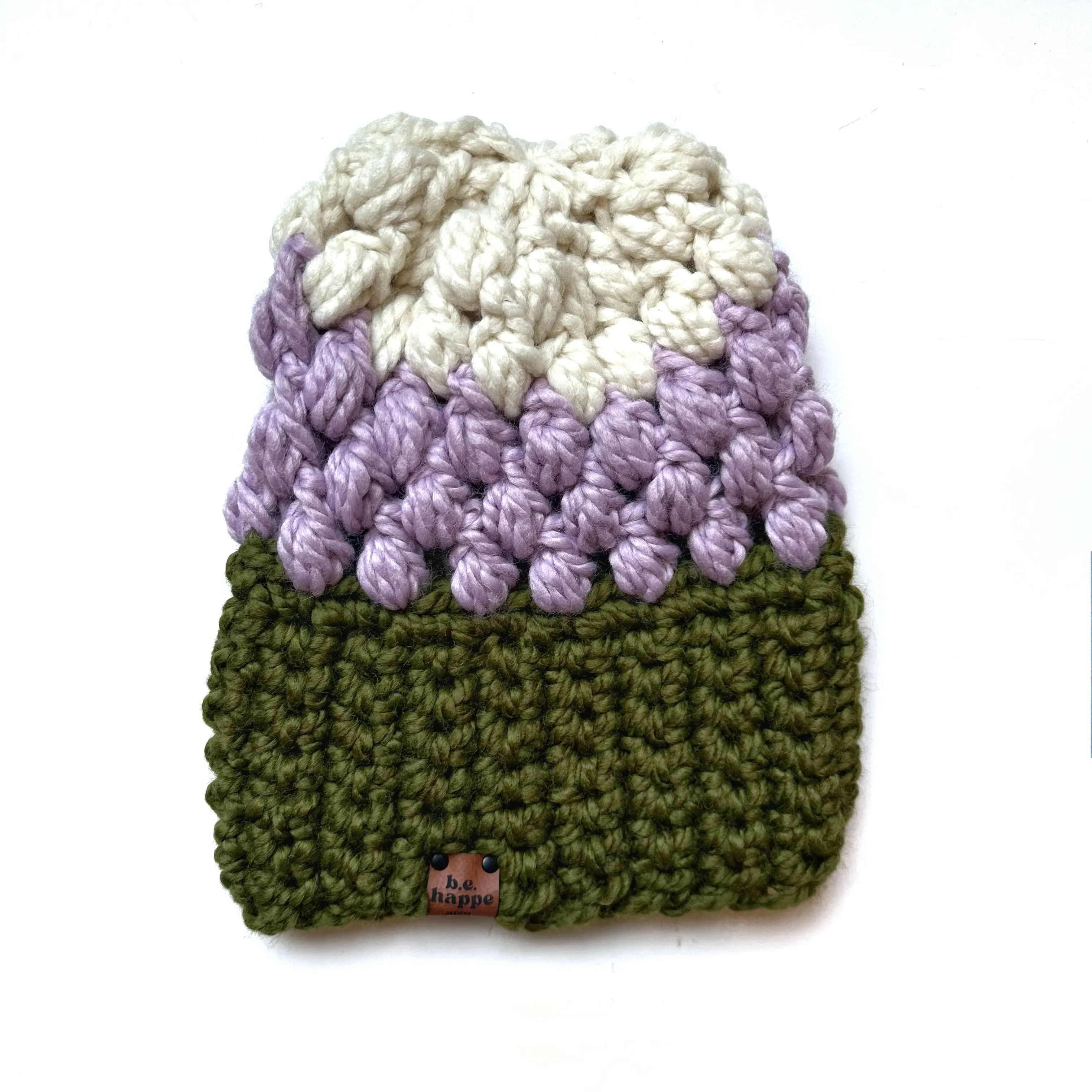 Crochet Puff Stitch Slouch Hat | Green   Purple   Cream