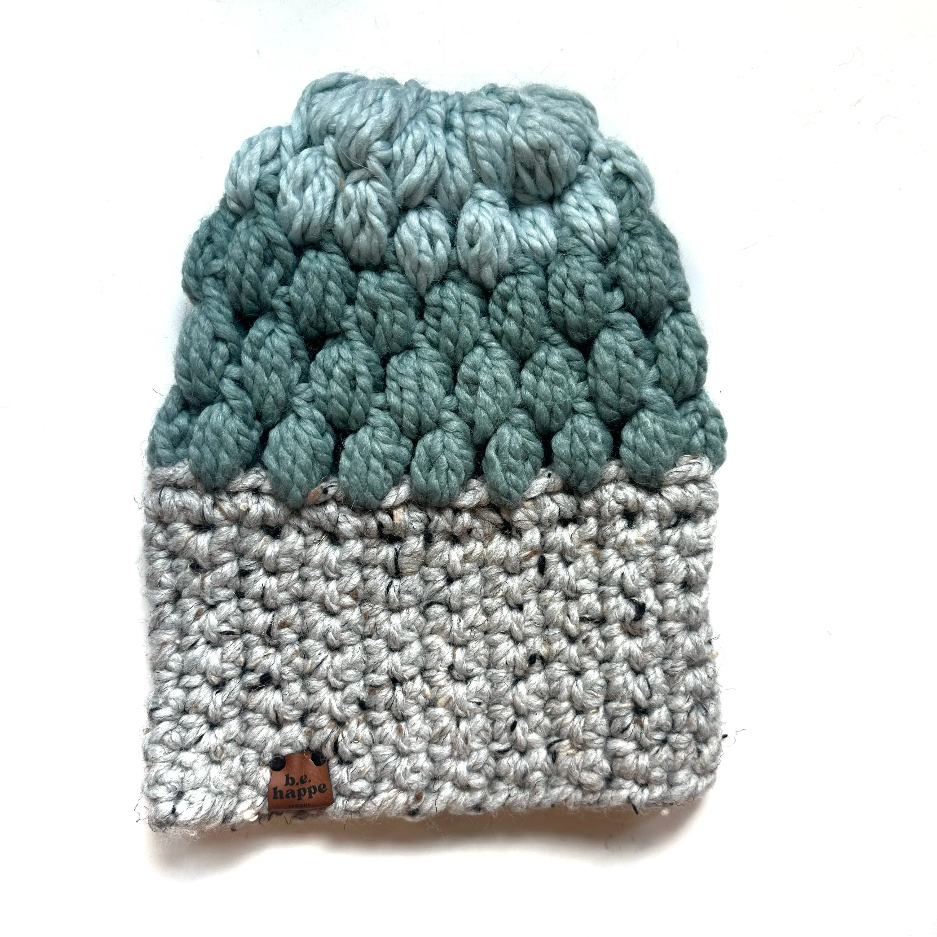 Crochet Puff Stitch Slouch Hat | Grey   Blue