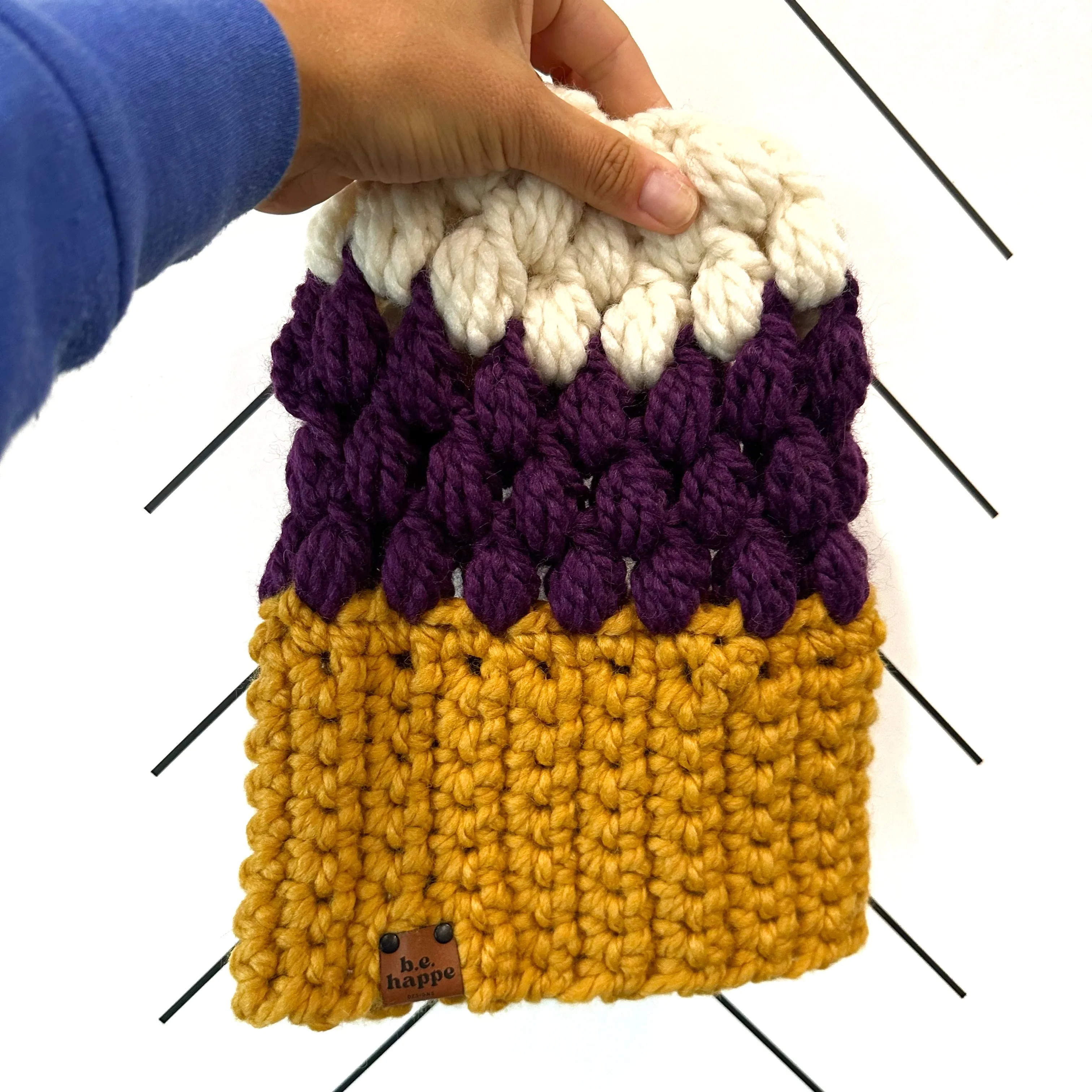 Crochet Puff Stitch Slouch Hat | Mustard   Purple   Off White