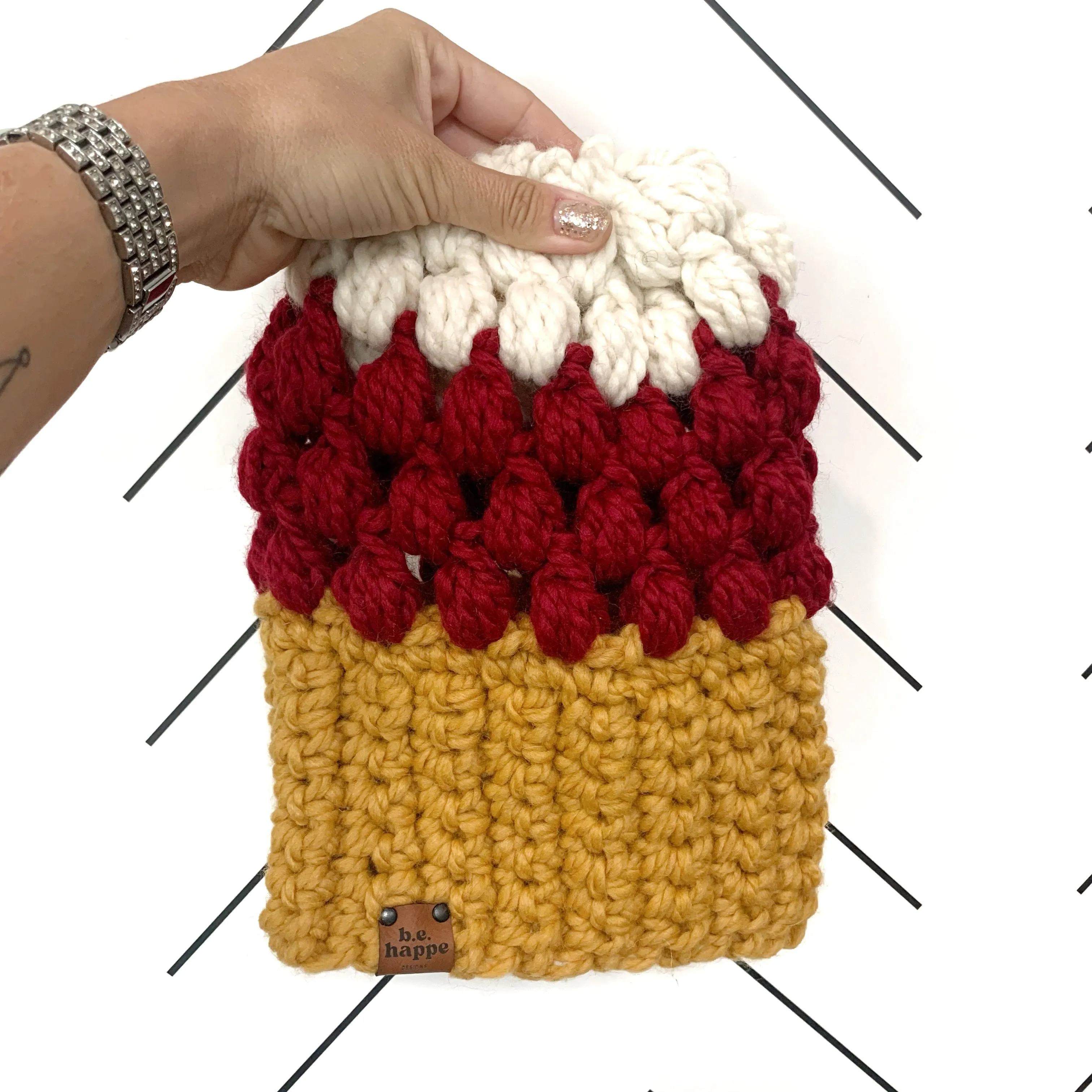 Crochet Puff Stitch Slouch Hat | Mustard Yellow   Cranberry Red   Off White