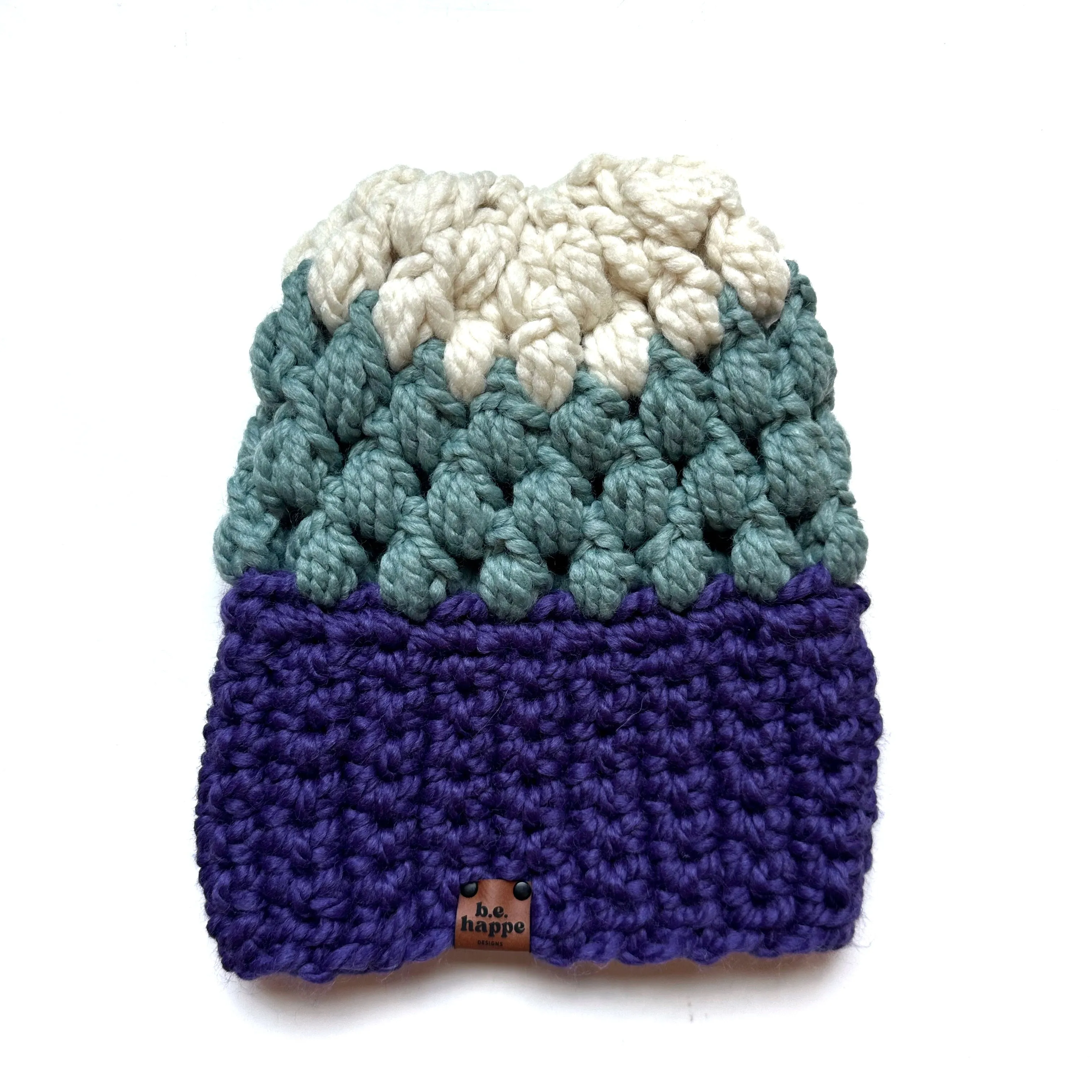 Crochet Puff Stitch Slouch Hat | Purple   Succulent   Off White