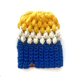 Crochet Puff Stitch Slouch Hat | Royal Blue Gray   Off White   Yellow