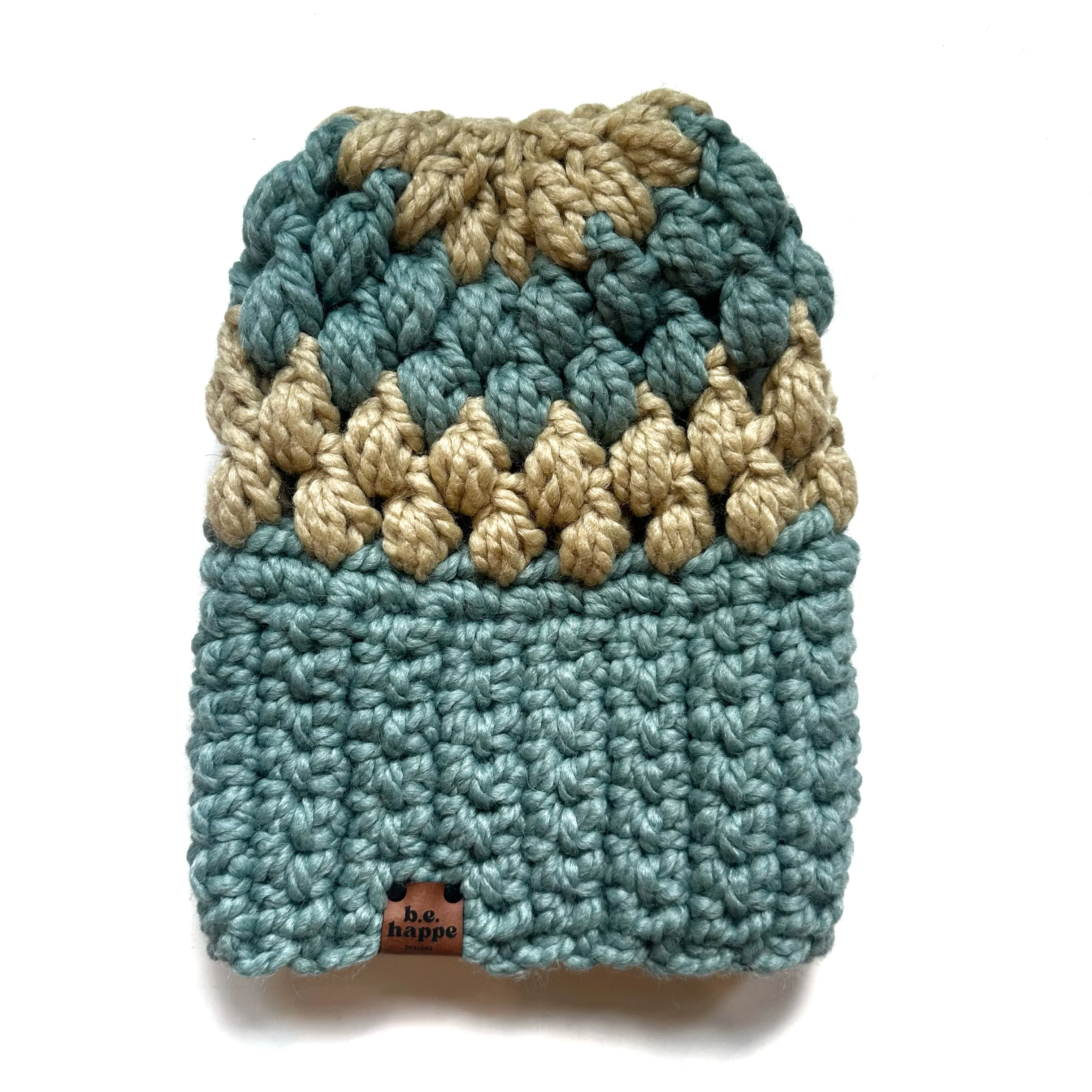 Crochet Puff Stitch Slouch Hat | Succulent Blue   Tan