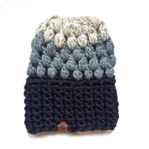 Crochet Puff Stitch Slouch Hat | Walnut   Grey   Wheat