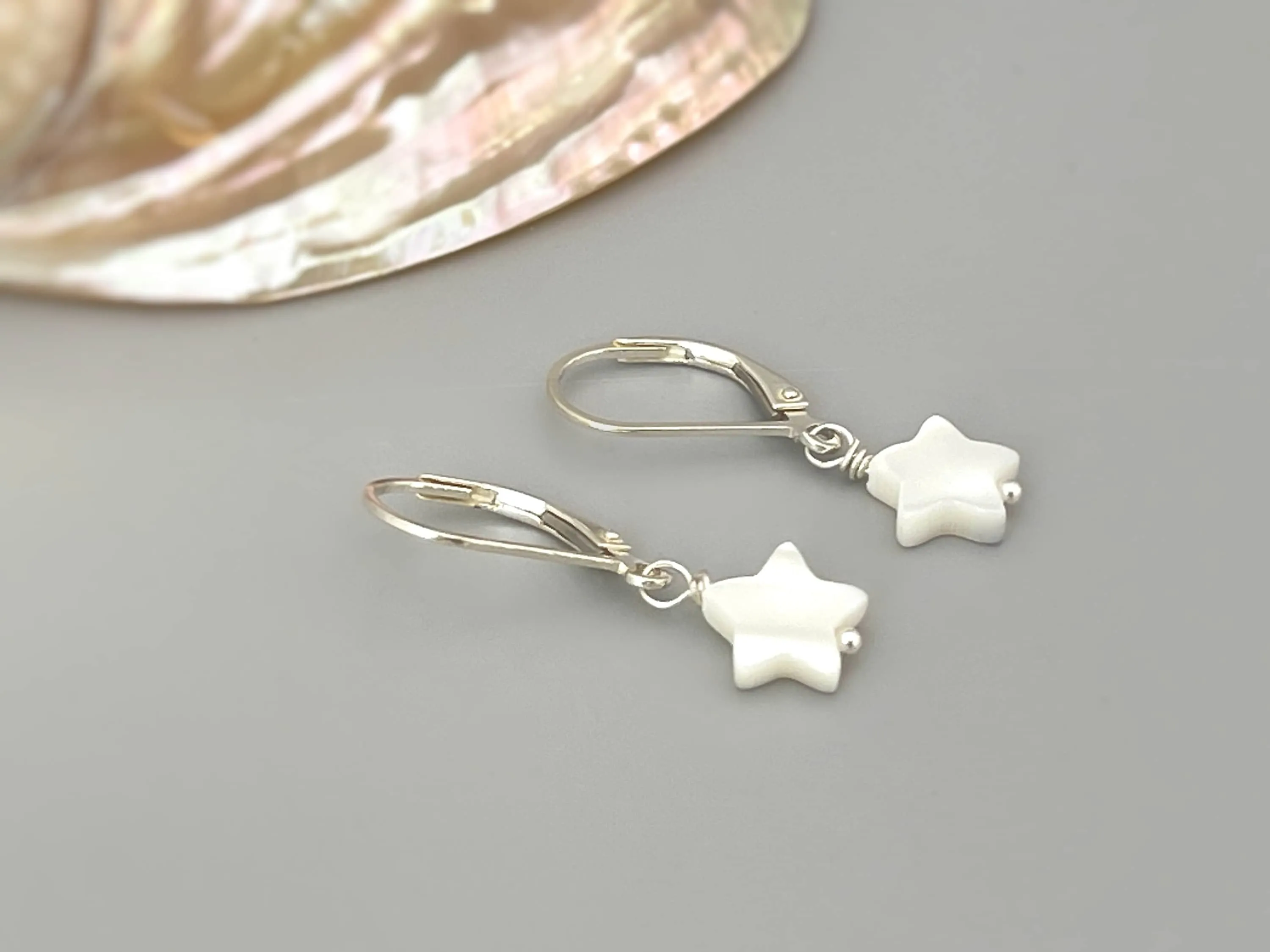 Dainty Mother of Pearl Star Earrings dangle Gold Ear Wire