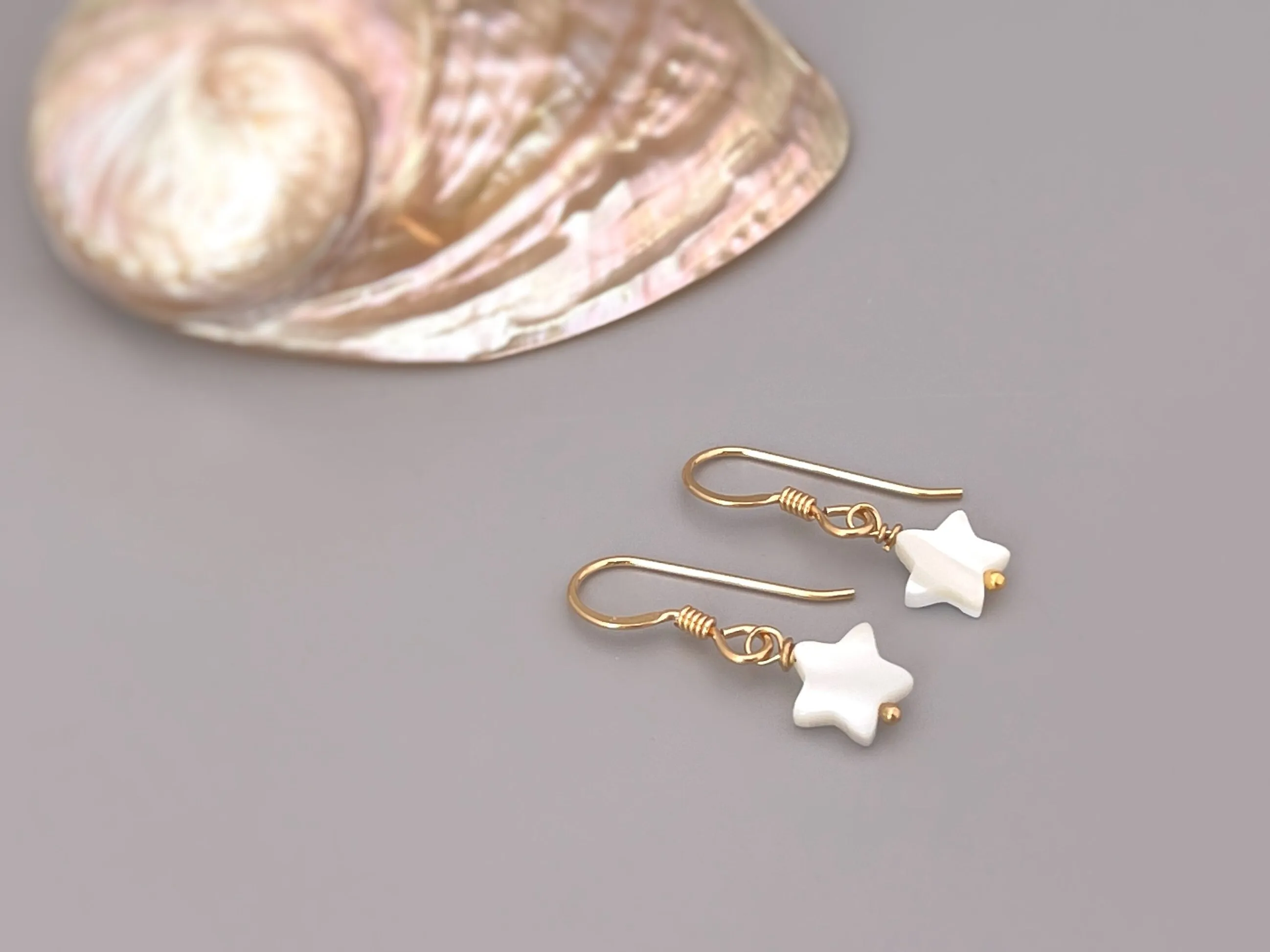 Dainty Mother of Pearl Star Earrings dangle Gold Ear Wire