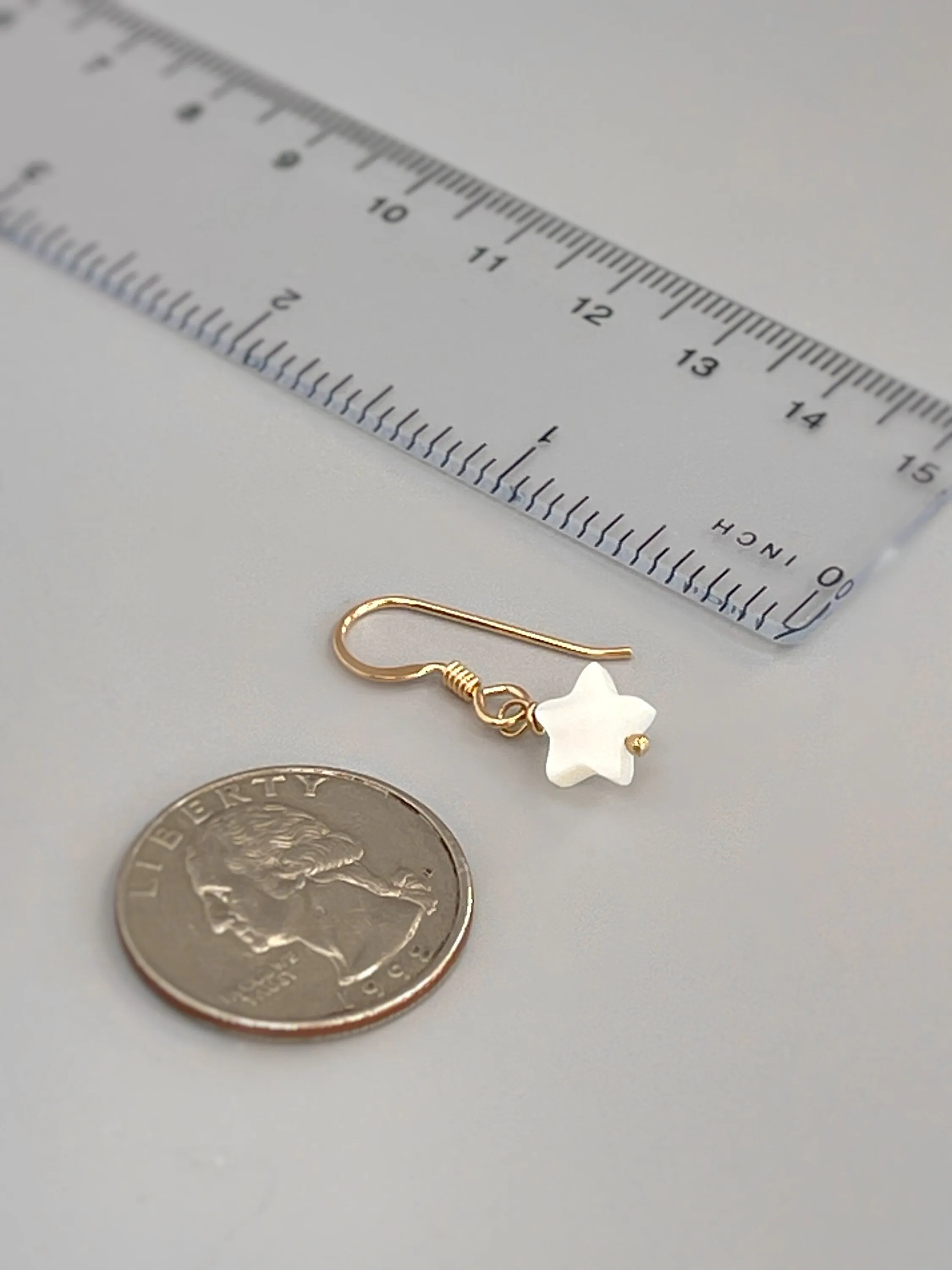 Dainty Mother of Pearl Star Earrings dangle Gold Ear Wire