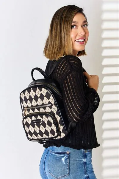 David Jones Argyle Pattern Vegan Leather Backpack