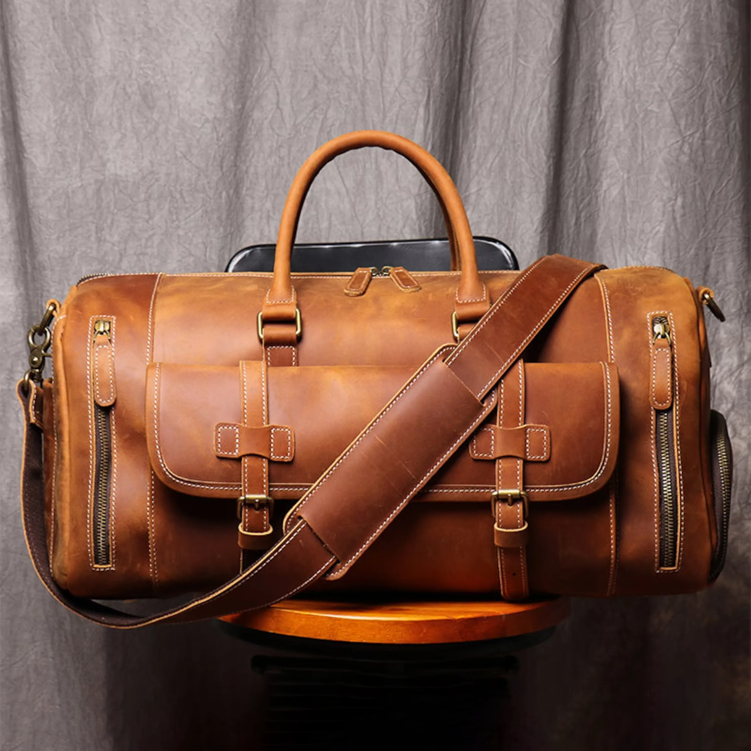 Dazzlo Leather Weekender Duffle Bag with Shoe Compartment - Vintage Brown - 22"/24"/26"/28"