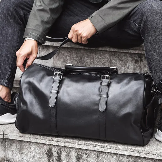 Dazzlo The Volta Top Grain Leather Duffel Bag - Black - 20"