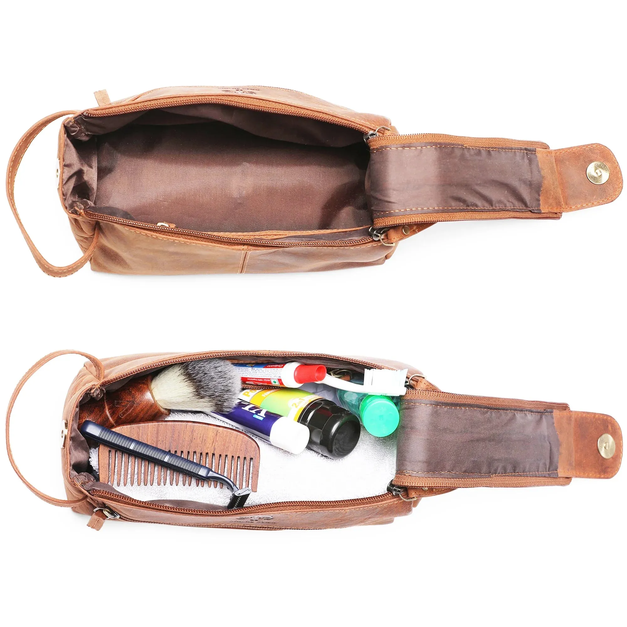 Full-Grain Leather Travel Toiletry Bag (Brown)