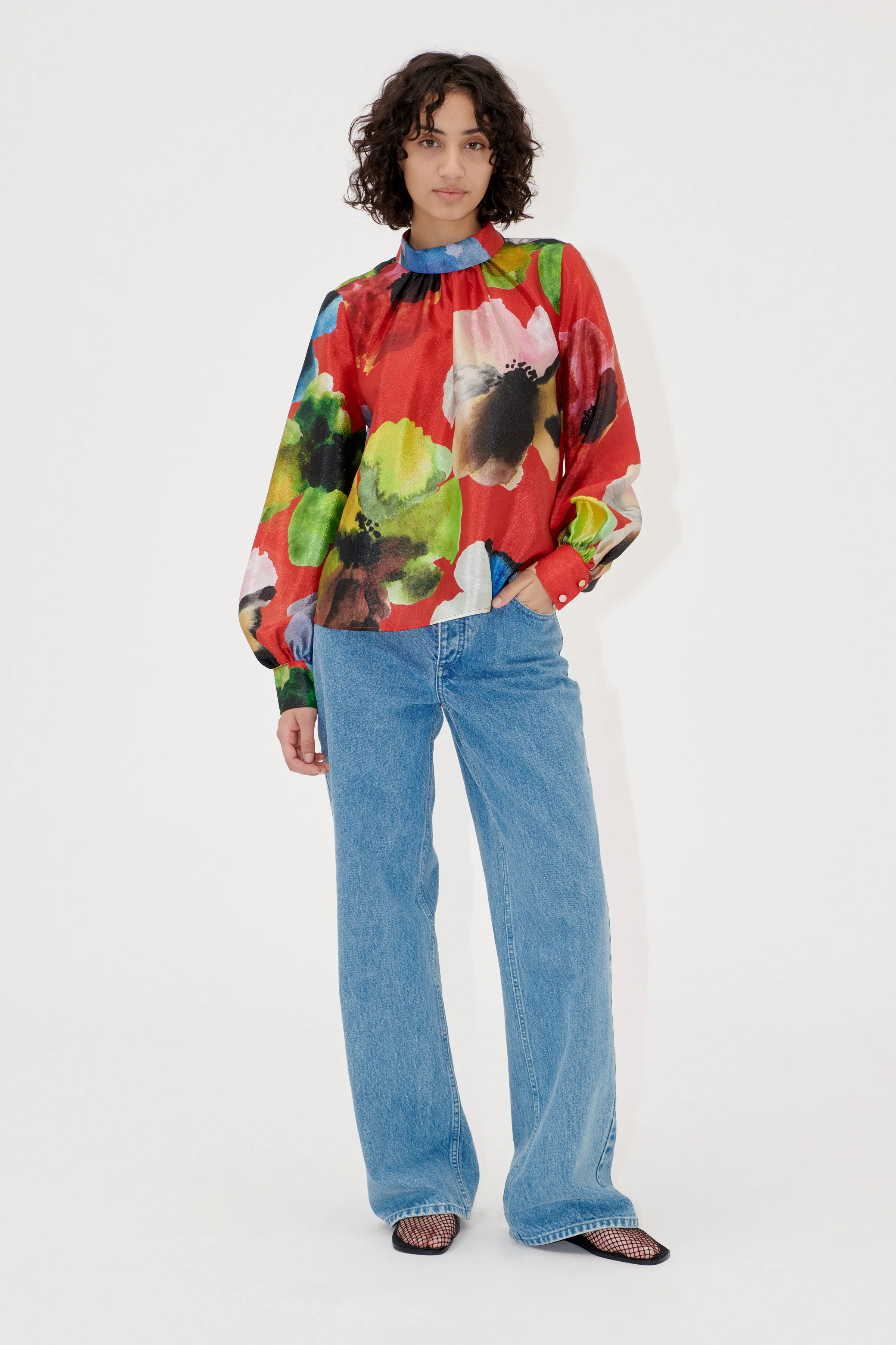 Gathered Long Sleeve Top - Bloom In Red