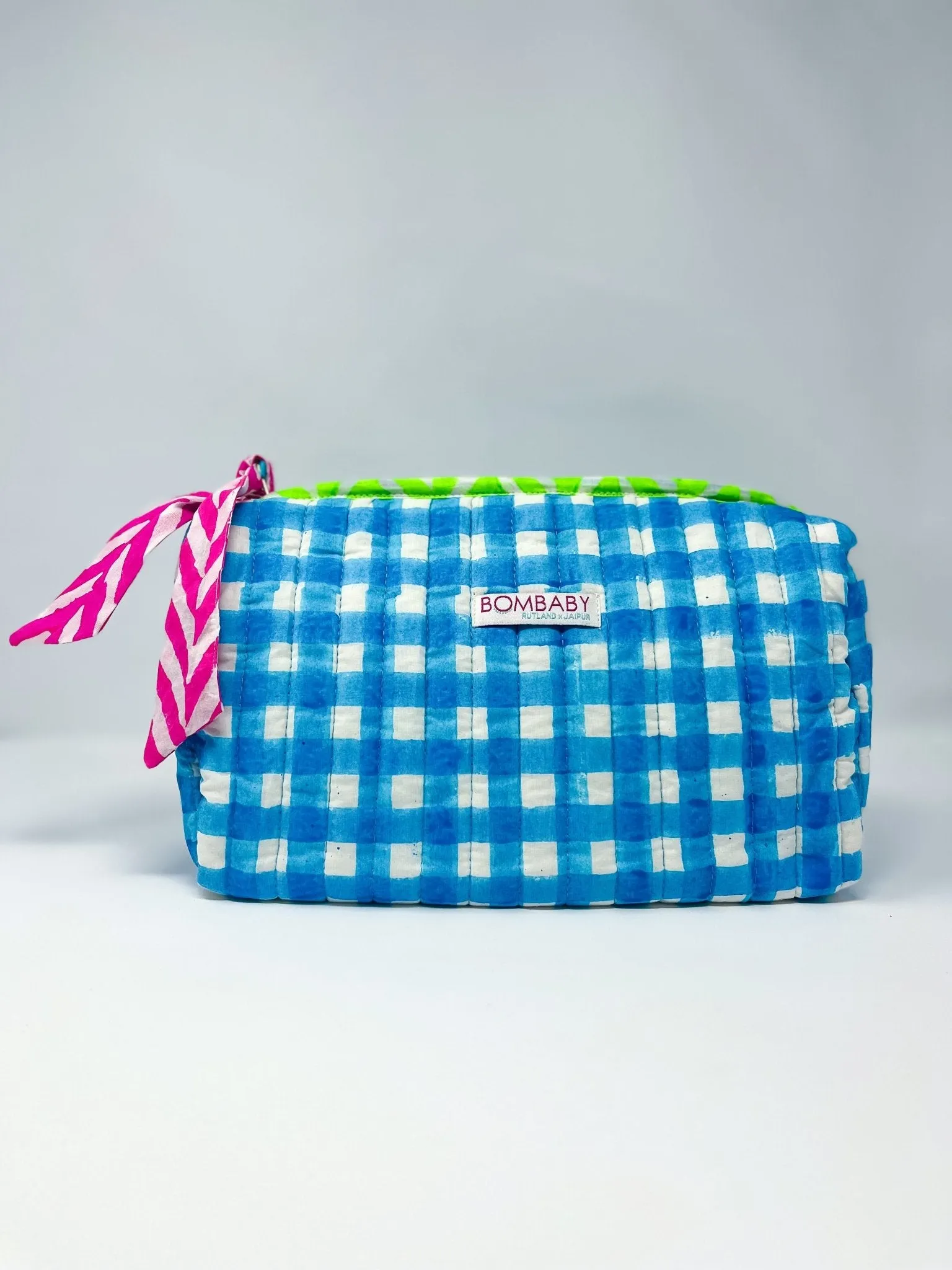 Handmade Block Print Quilted Wash Bag | Malibu Blue Check