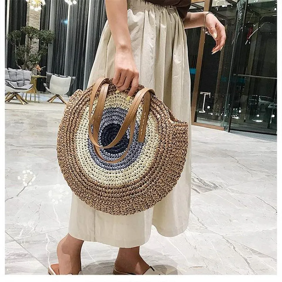 Handmade Woven Summer Beach Round Straw Bags for Women