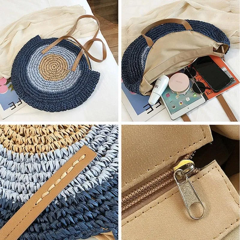 Handmade Woven Summer Beach Round Straw Bags for Women