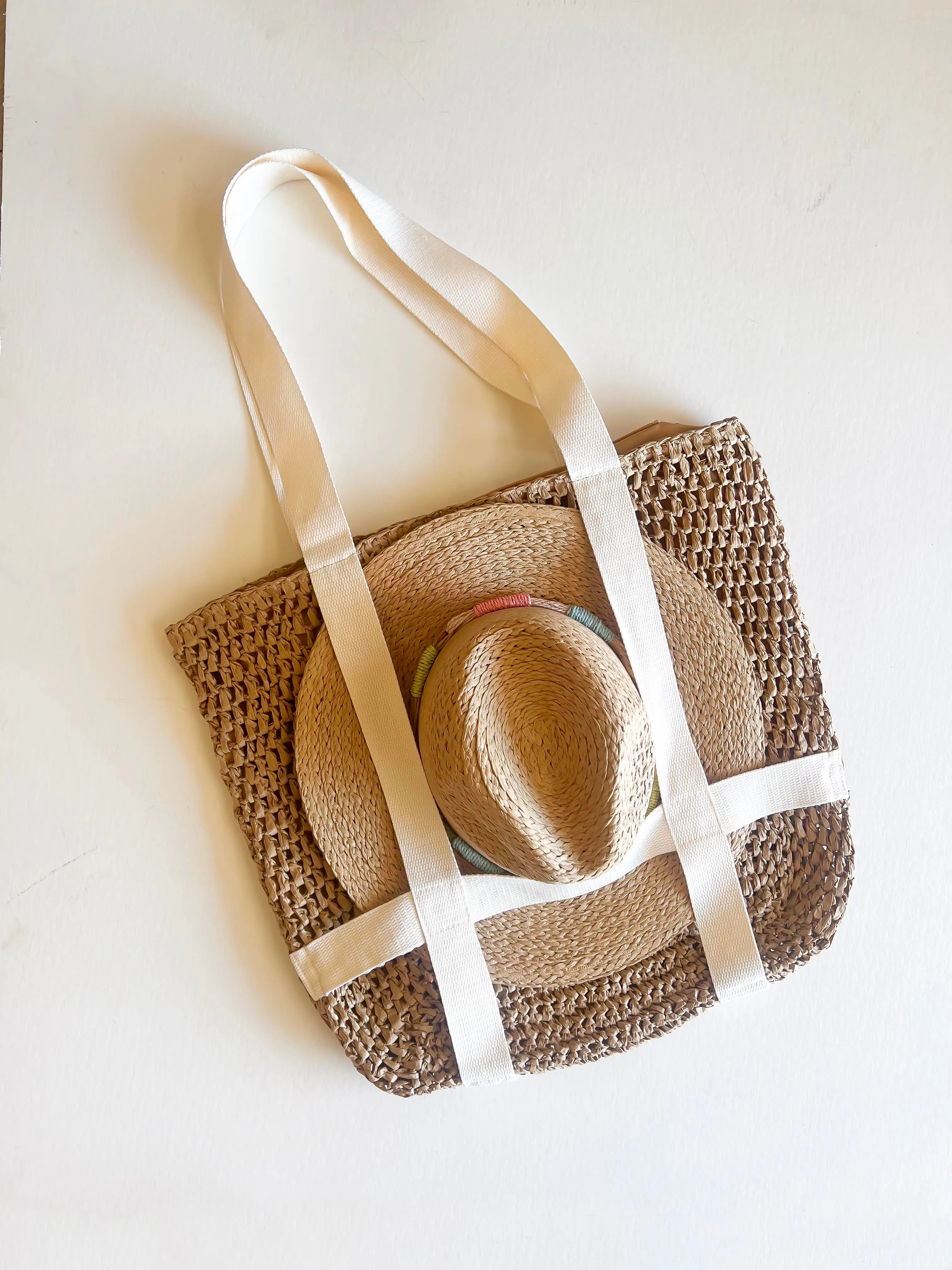 Hat Carrying Tote | Straw Hat Bag | Rattan and Canvas Vacation Purse